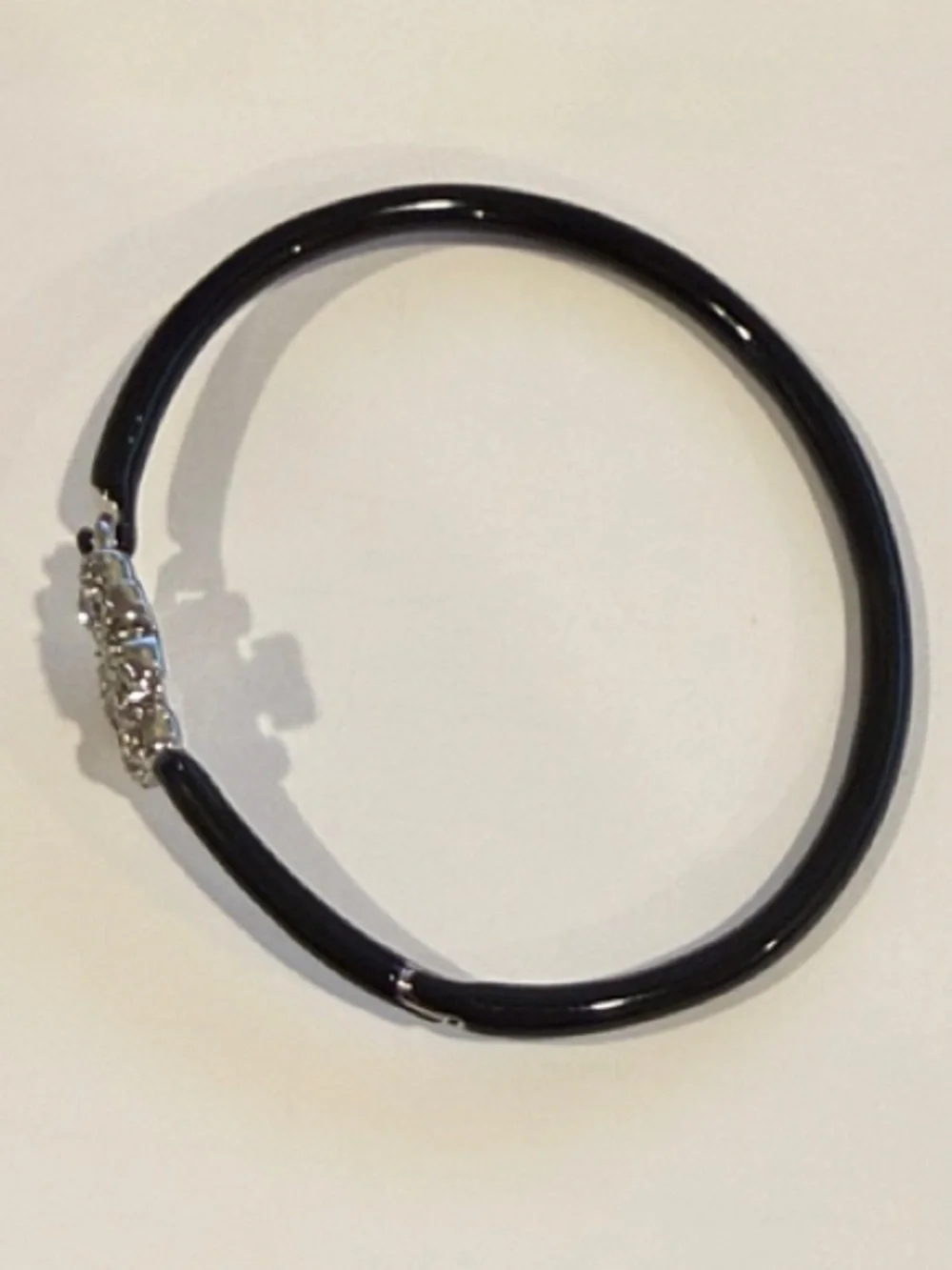 Tory Burch | Silver & Black Enamel Crystal Logo Hinged Bracelet | Medium